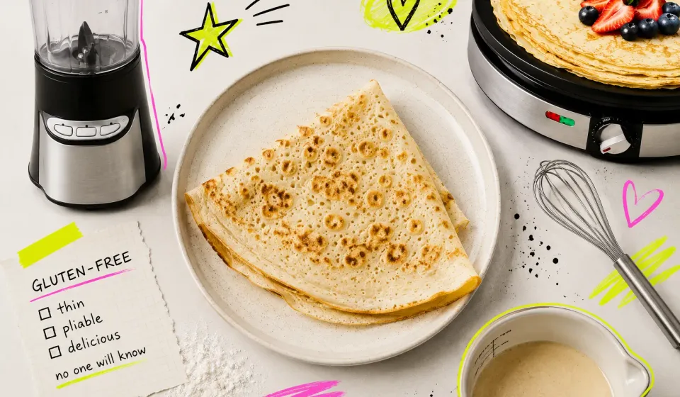 Gluten-free crepes with berries alongside a blender, crepe maker, whisk, and batter