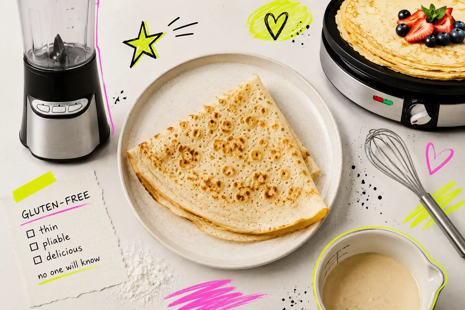 Gluten-free crepes with berries alongside a blender, crepe maker, whisk, and batter
