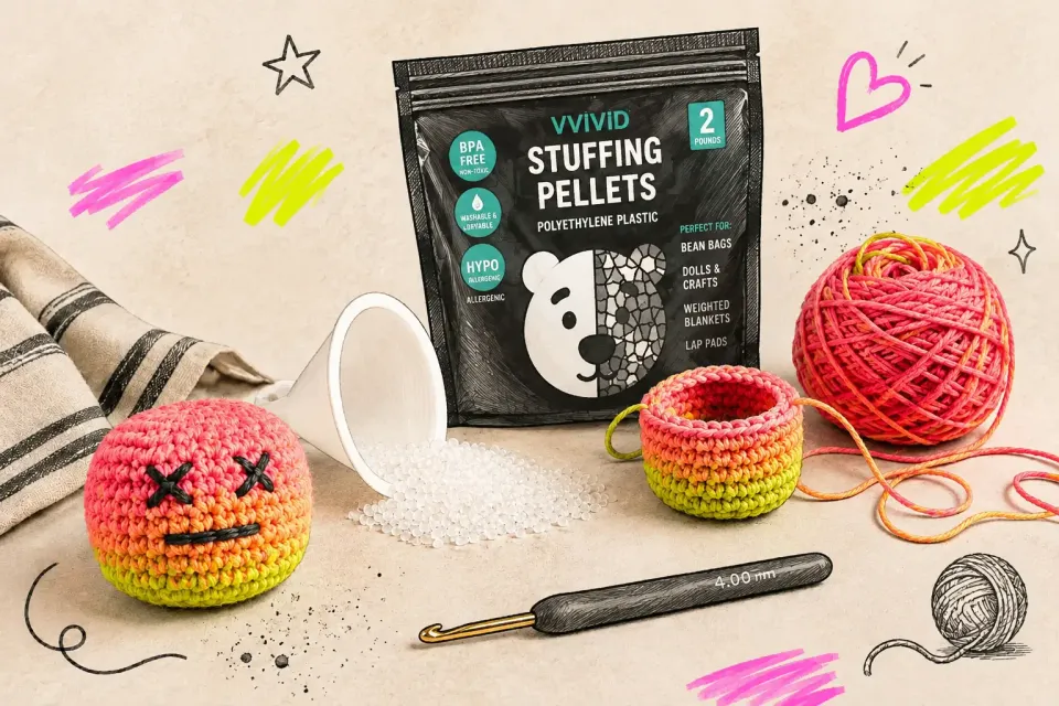 A colourful crochet hacky sack with yarn, stuffing pellets, a funnel, and a crochet hook