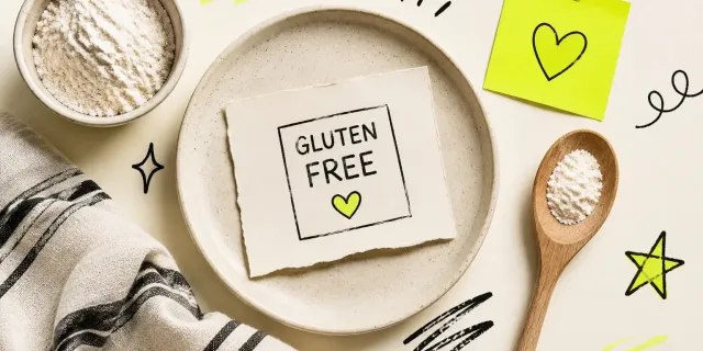Gluten-free flour arranged around a plate labelled gluten free