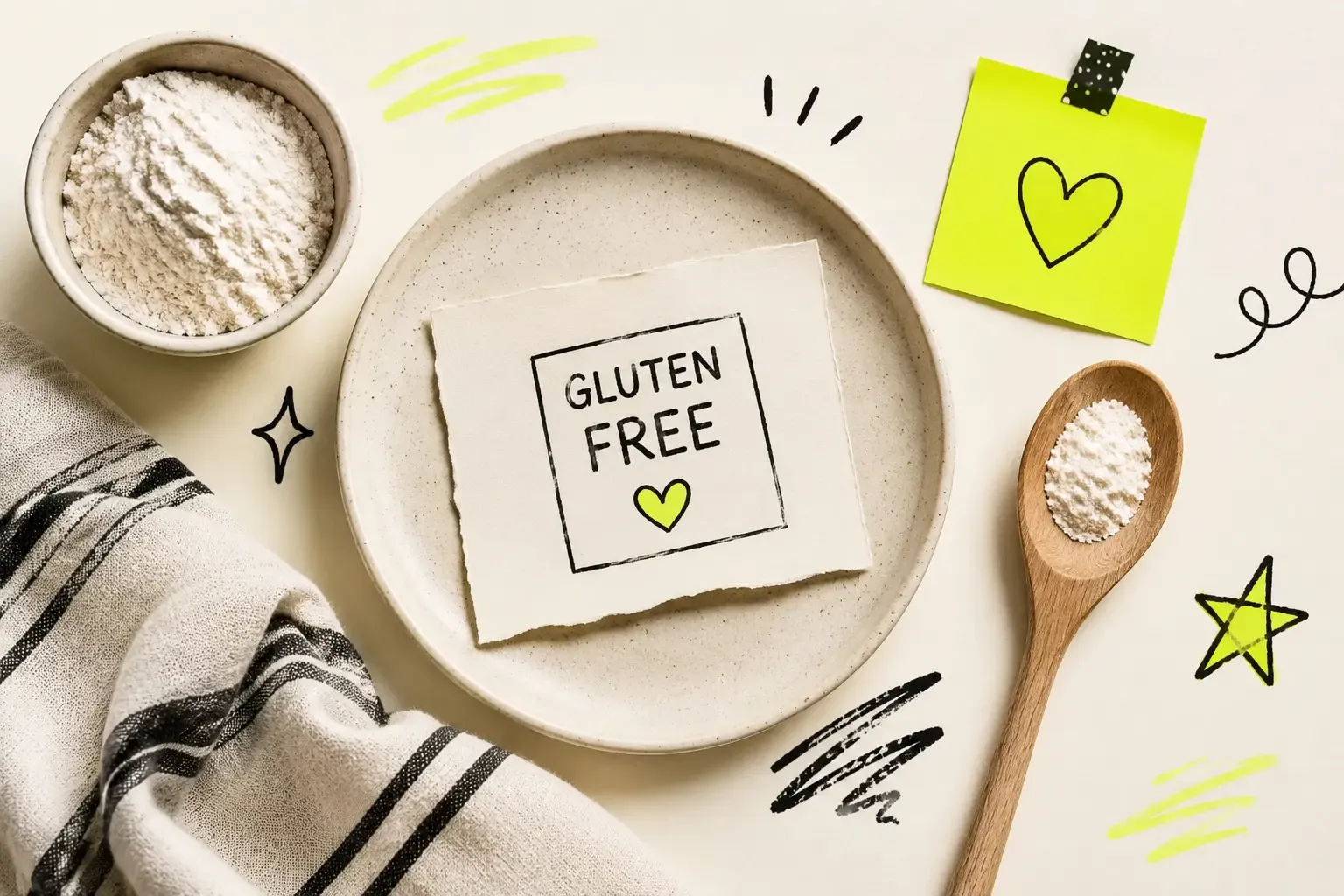 Gluten-free flour arranged around a plate labelled gluten free