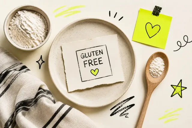 Gluten-free flour arranged around a plate labelled gluten free