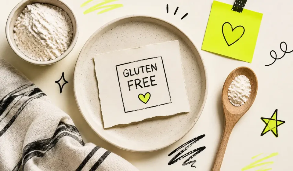 Gluten-free flour arranged around a plate labelled gluten free