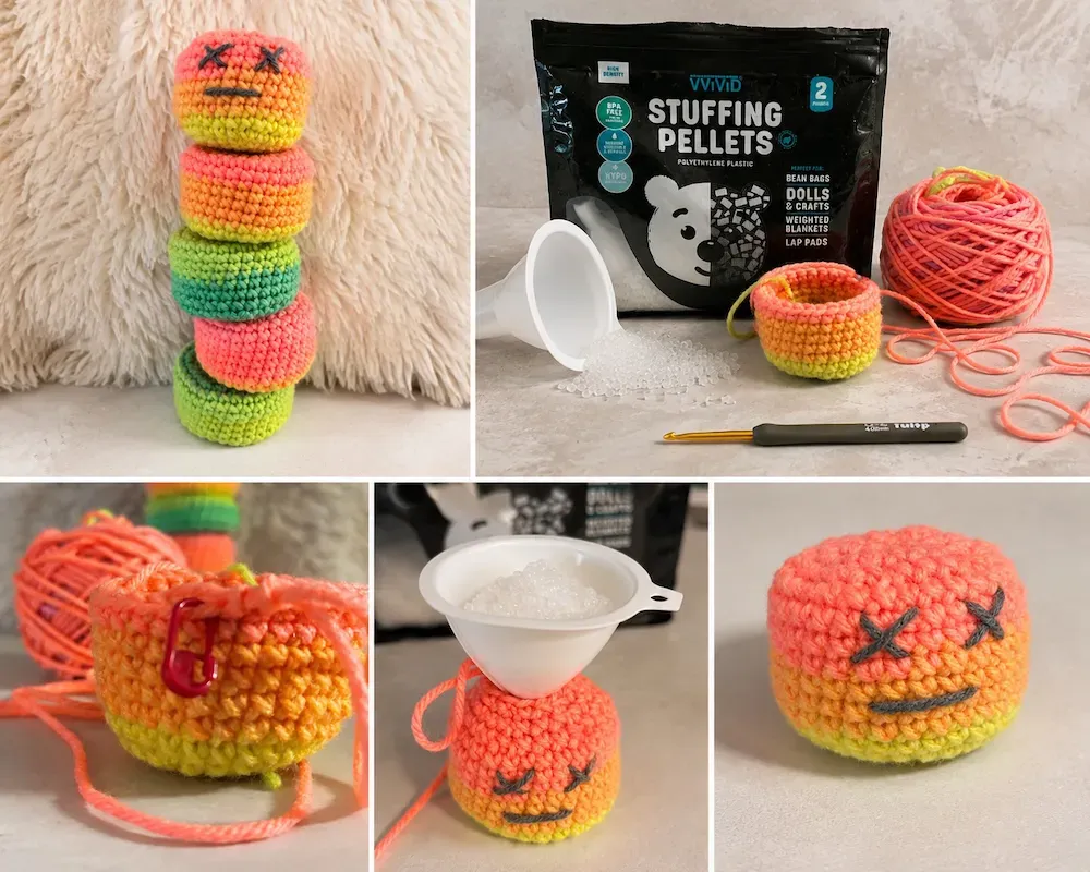 Colourful crochet hacky sacks shown finished, in progress, and being filled with stuffing pellets