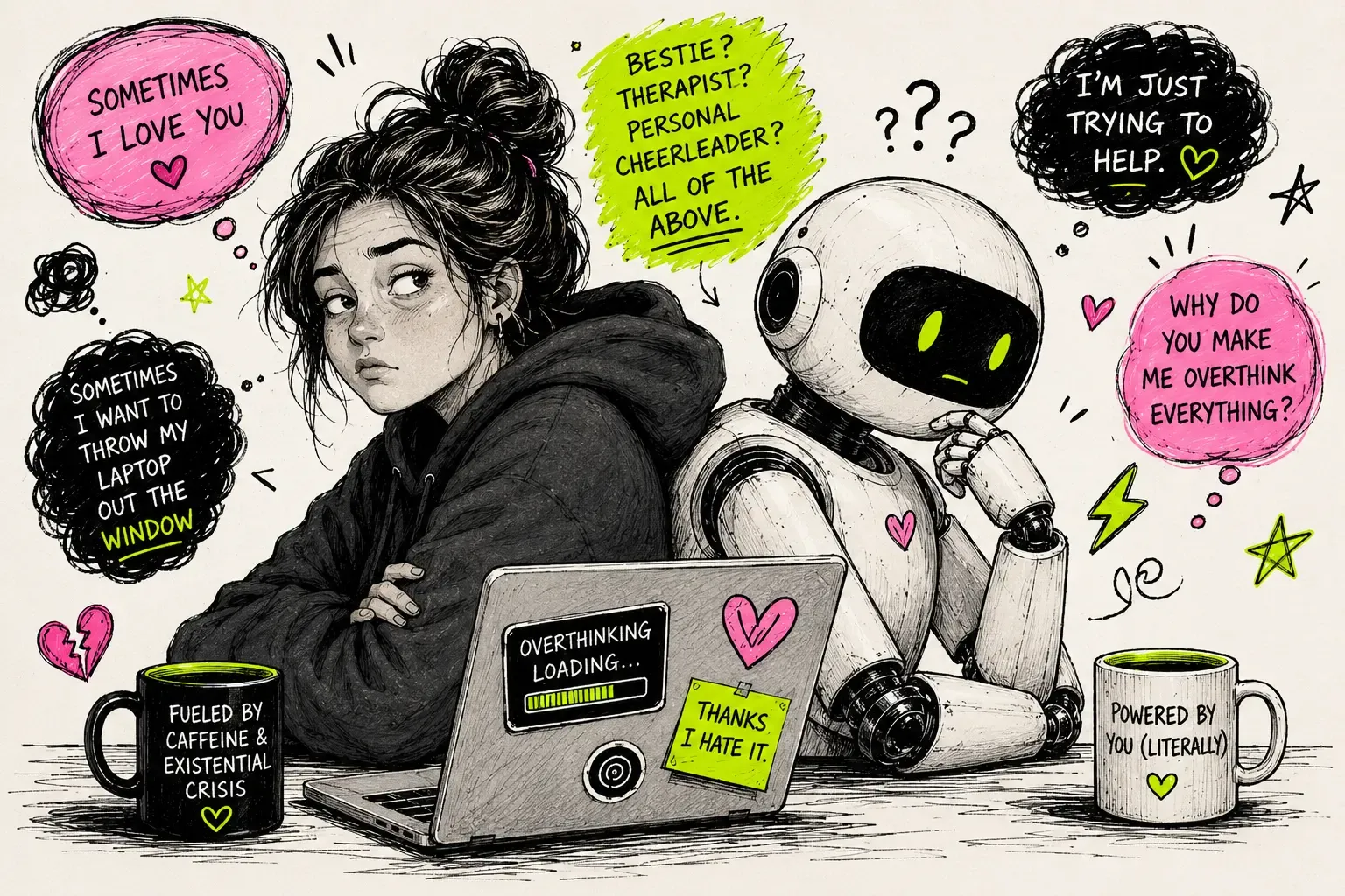An illustrated woman and robot at a laptop surrounded by conflicting thoughts about AI