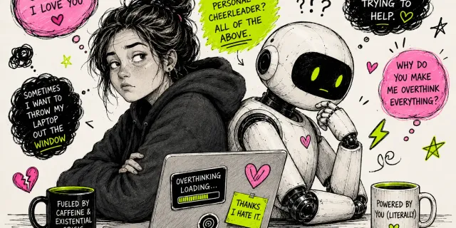 An illustrated woman and robot at a laptop surrounded by conflicting thoughts about AI