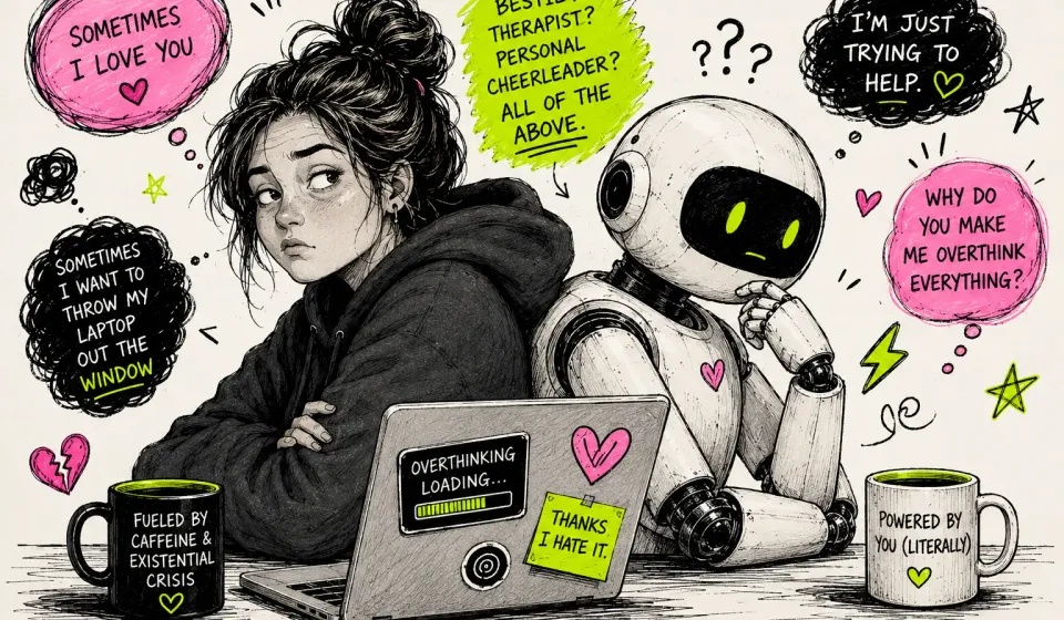 An illustrated woman and robot at a laptop surrounded by conflicting thoughts about AI